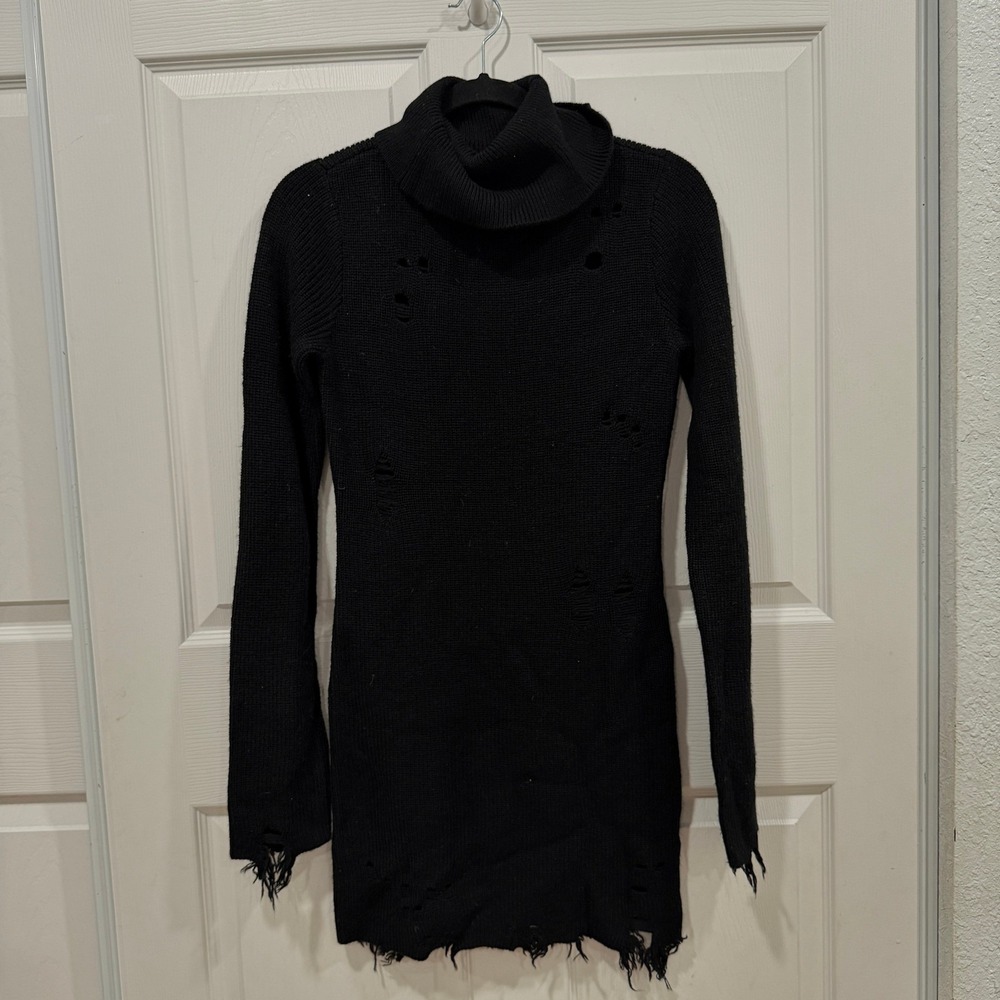 Lovers and Friends Black Distressed Turtleneck Sweater Dress Size S Keeney - Picture 4 of 10